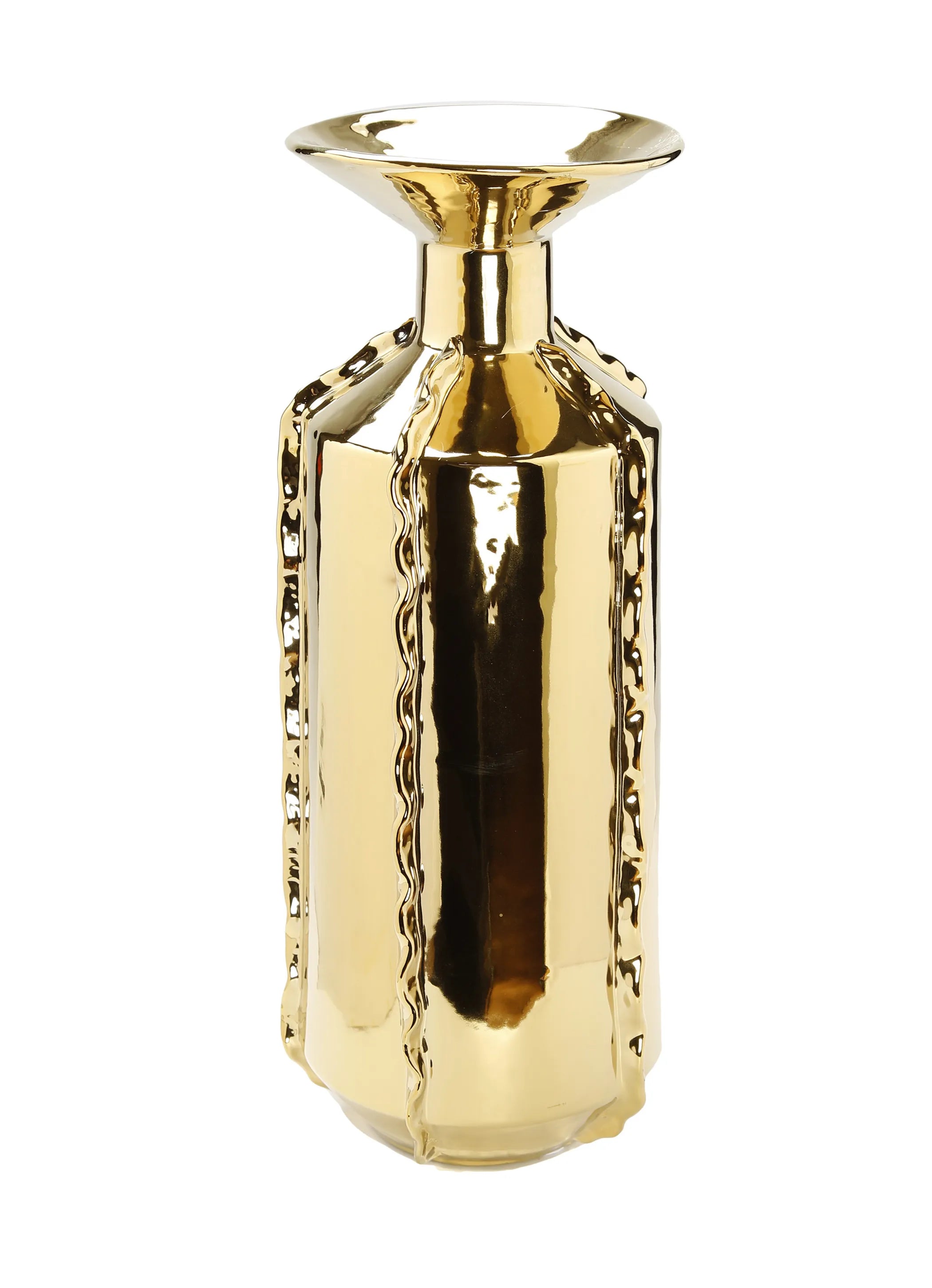 21" Gold Trumpet Ceramic Table Vase With Sculptural Details